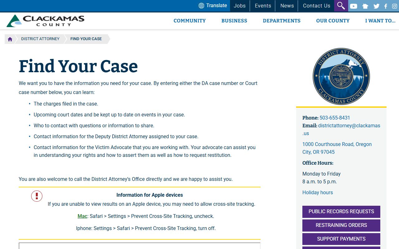 Clackamas County DA Find Your Case court records after arrest lookup
