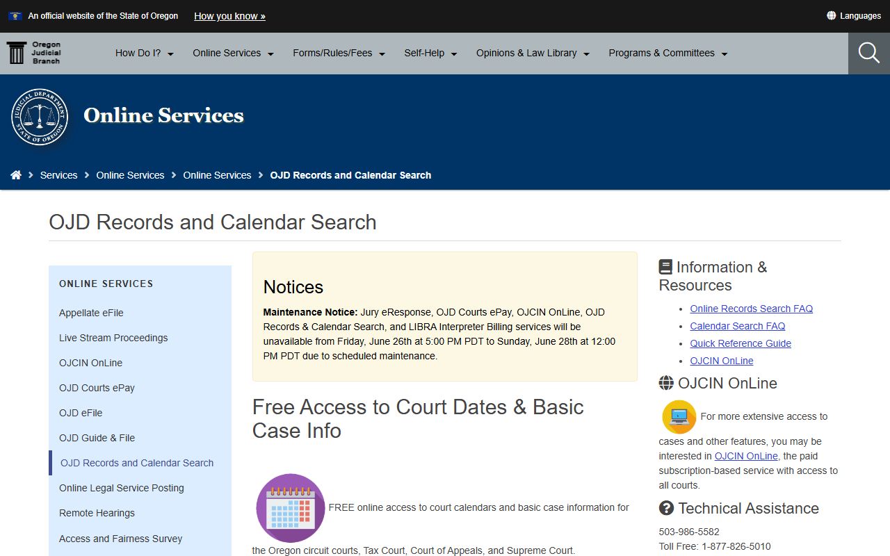 Oregon Judicial Department records and calendar search for Clackamas County court records