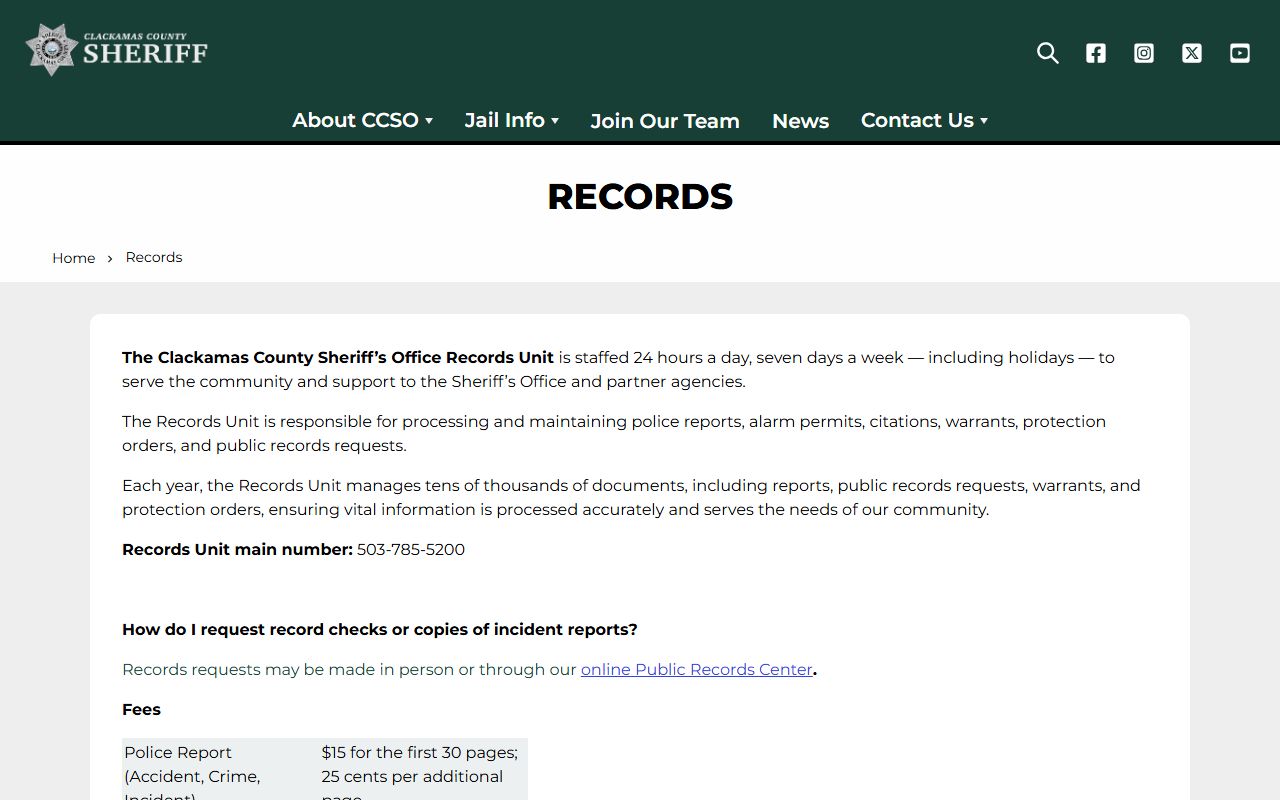Clackamas County sheriff records page for jail mugshot photo requests
