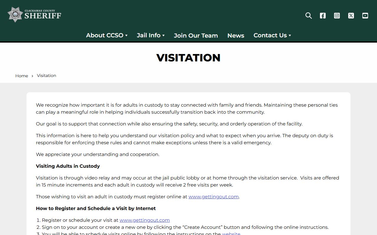 Clackamas County Jail visitation record information