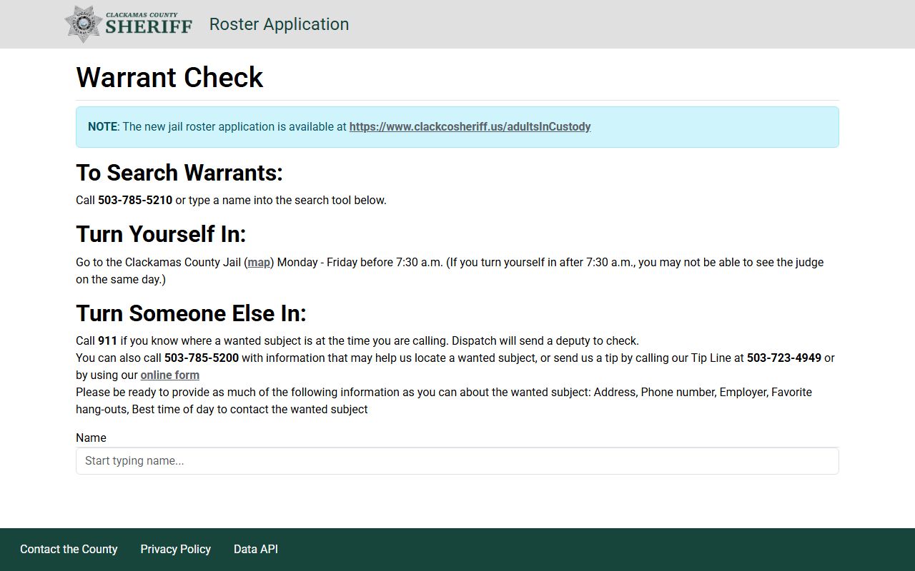Clackamas County warrant check app with no-photo booking detail context