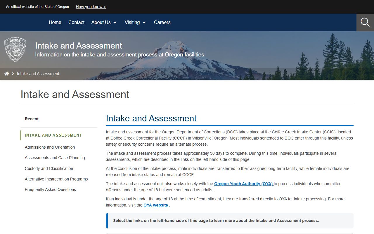 Coffee Creek Correctional Facility intake inmate assessment record